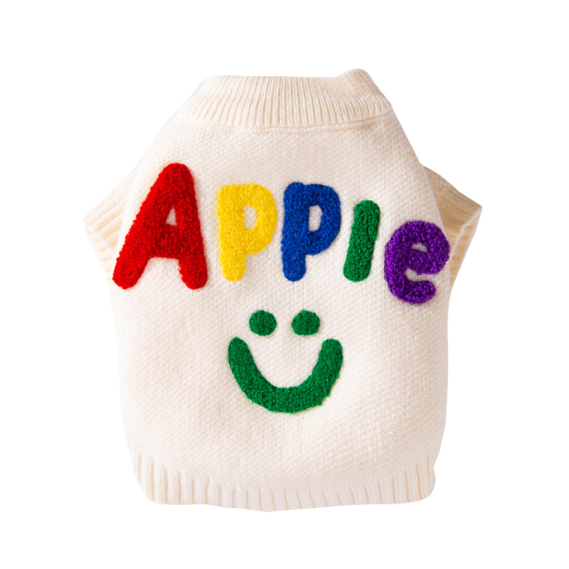 Otoño y invierno coreano perro lindo manzana sonriente letras de color camiseta de punto suéter gato mascota Teddy ropa