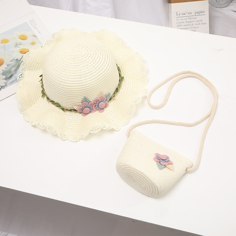 Double flower straw rope wavy edge straw hat-milk white