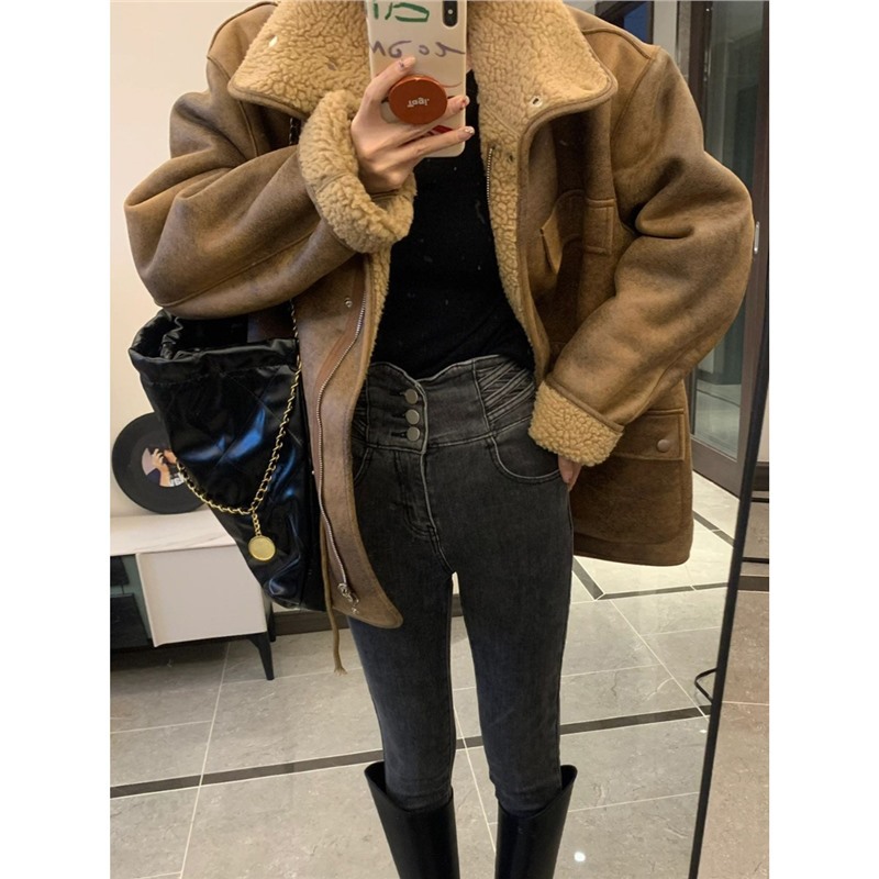 Lamb Wool Suede Double-sided Thickened Jacket Women's Winter American-style Retro All-match Loose-fit Old Thickened Billwork Suit