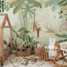 手绘插画卡通动物墙纸北欧清新水彩森林男女孩壁纸儿童房背景墙布
