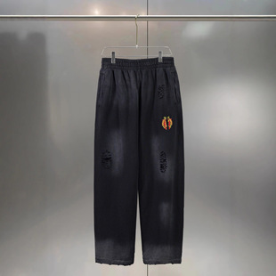 25ss High Version B Paris Series Shield Washed Hand Grinding Hole Trousers Trousers for Men and Women