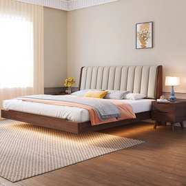 北欧日式悬浮床实木床带双人床简约主卧床1.8米婚床软靠床奶油风