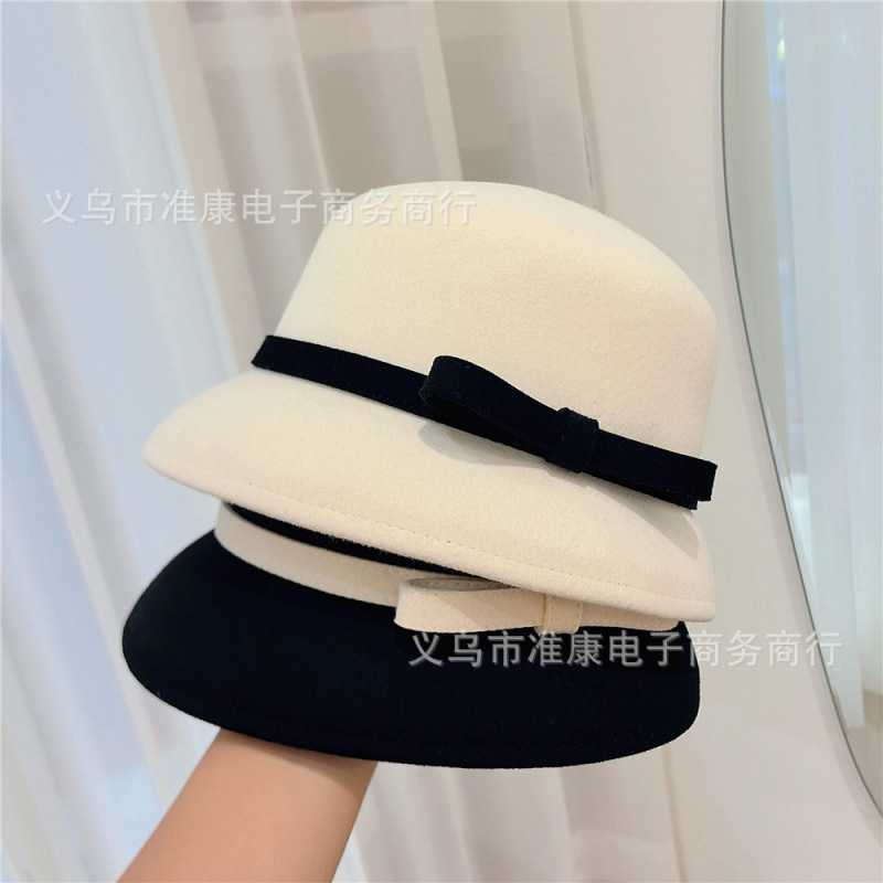 法式赫本风羊毛呢盆帽时尚洋气女士渔夫帽优雅气质短帽檐小礼帽潮|undefined