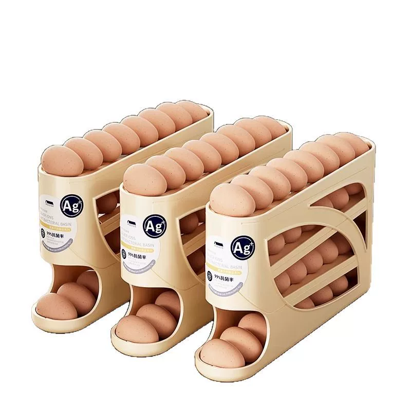 Automatic rolling egg storage box, multi‑layer fridge organizer, holds about 30 eggs, milk white/cream