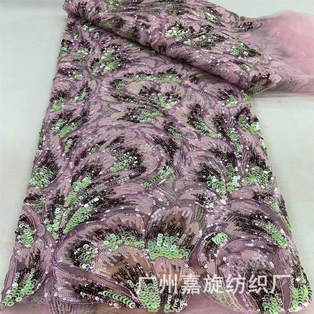 Moda estilo étnico posicionamiento flor lentejuelas bordado vestido de encaje africano vestido de escenario de boda tela de encaje