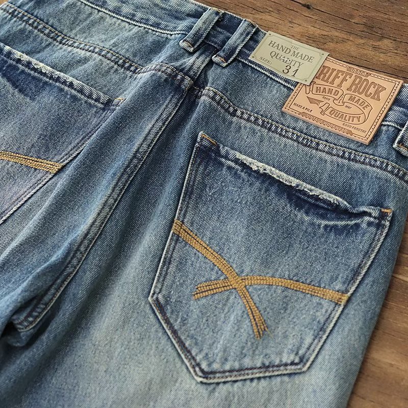 2023 nuevos pantalones vaqueros de los hombres lavados en dificultades pesado americano retro moda casual color claro flaco Pantalones rectos