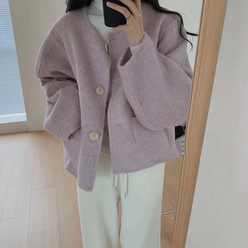 2013秋冬新款呢子大衣软糯系紫色圆领小个子毛呢小香风外套短款女