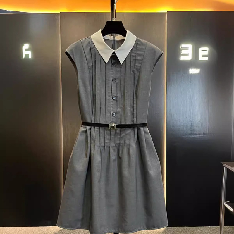 FL231707 Summer New Elegant Polo Collar Sleeveless Belt Texturized Shirt Gray Dress