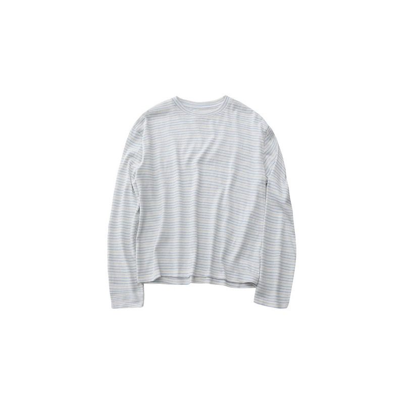 Boxy Short Wide Silhouette Versatile Round Neck Bottoming Blue Gray Black Three-Color Stripesd Relaxed and Lazy Casual Long-Sleeved T-Shirt