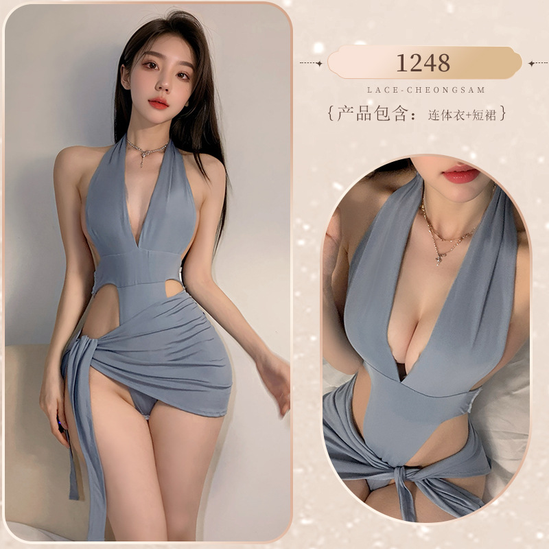 블루 [가랑이 없는 점프수트 + 레이스업 스커트]