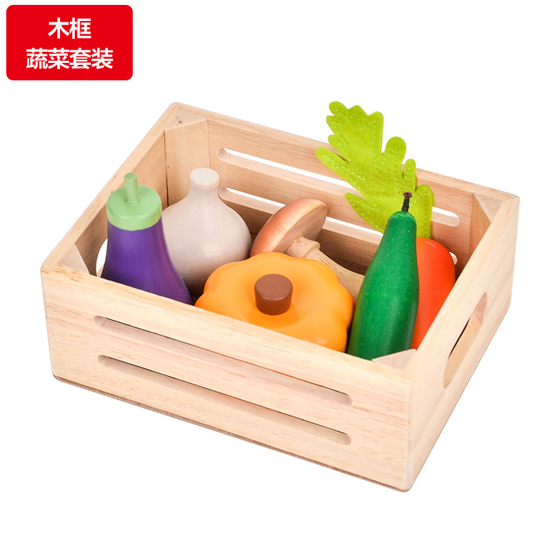 Caja de madera para niños, frutas y verduras, cortar música, jugar a la casa, juguetes, marco de madera de simulación de roble, verduras y frutas, ver