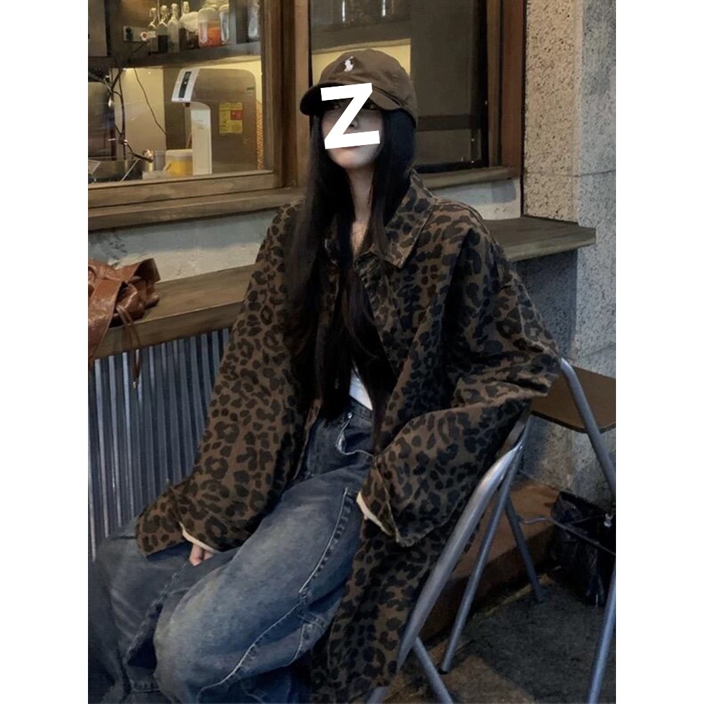 2025早秋季新款美式复古宽松chic豹纹夹克牛仔外套上衣女装春秋款