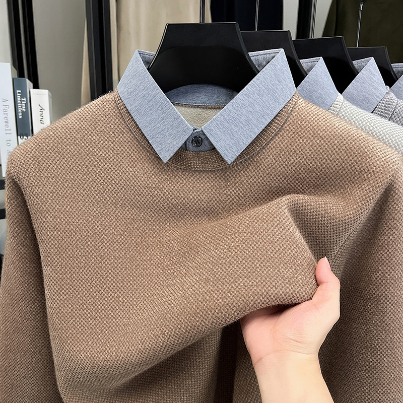 Autumn and Winter New Fake Two-Piece Knitwear Men's Fleece-Lined Casual Thickeneded Business Shirt Collar Bottoming Warm Knitwear