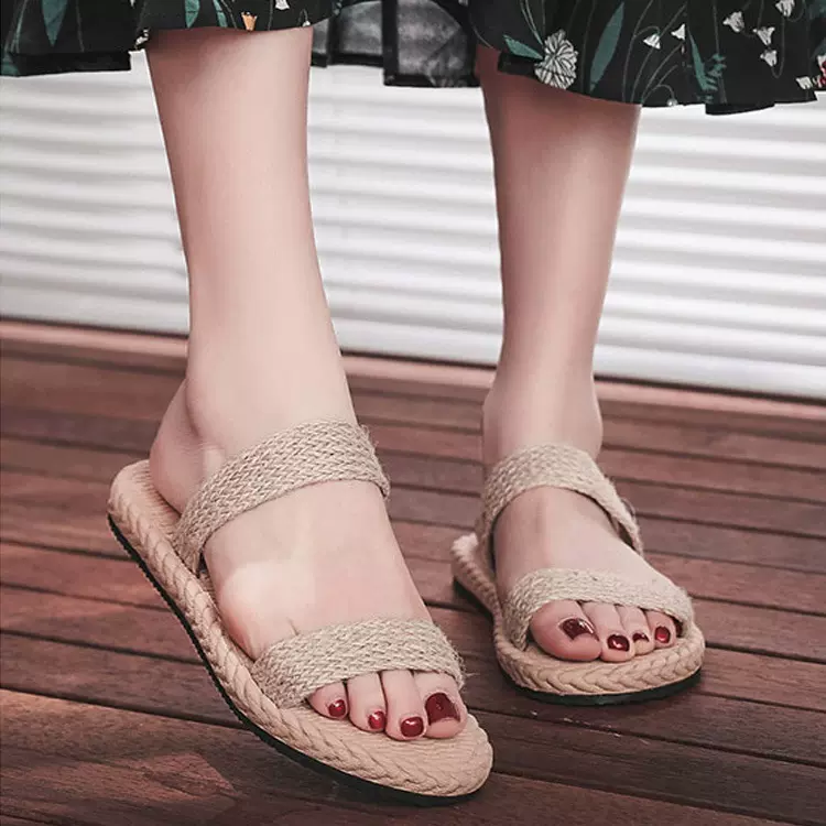 草编一字拖女夏外穿2023夏季新款时尚网红平底旅游度假沙滩鞋