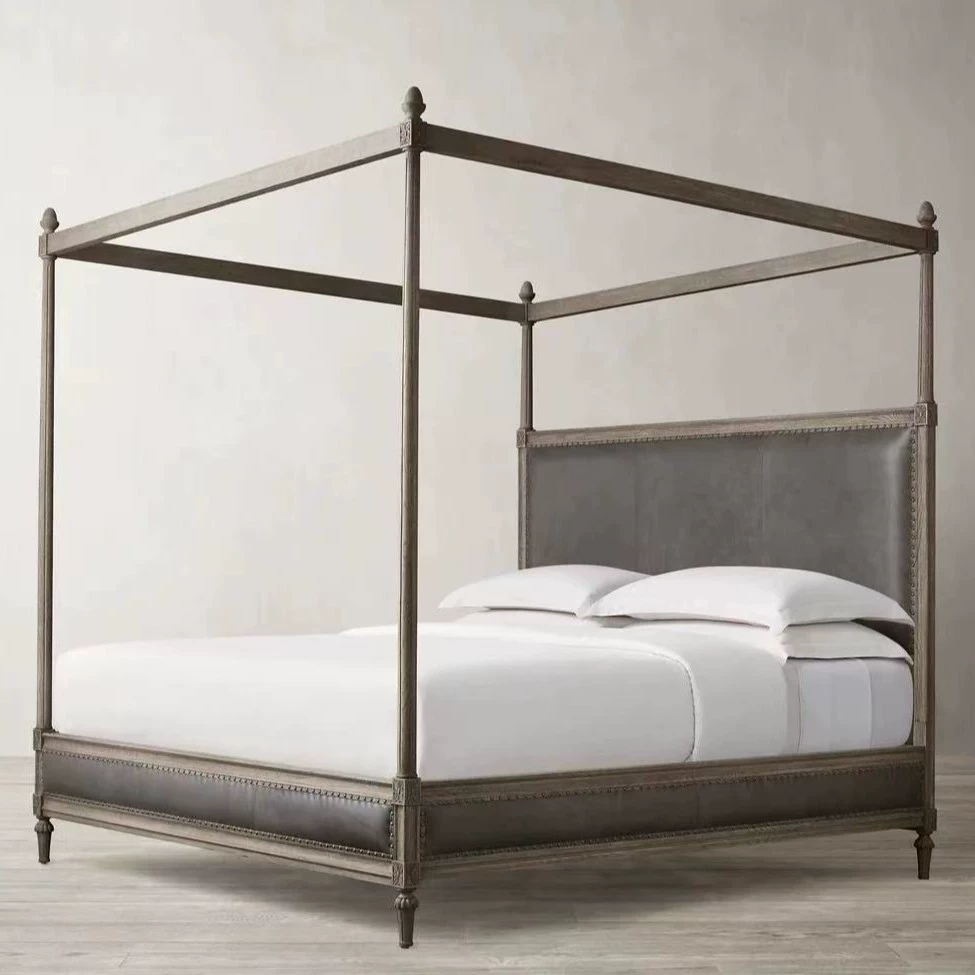 Американская деревенская кровать с каркасом из цельного дерева, французская ретро-кровать с четырьмя стойками, двуспальная кровать, высококачественная вилла, кожаная кровать с каркасом