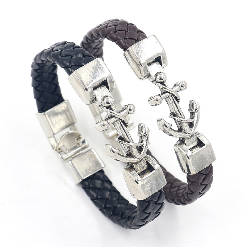 Cross-Border Hot-Selling Jewelry Punk Style Pirate Anchor Bracelet Fashionable Personality Men's Hand-Woven Leather Rope Bracelet Cross-Border Hot-Selling Jewelry Punk Style Pirate Anchor Bracelet Fashionable Personality Men's Hand-Woven Leather Rope Bracelet