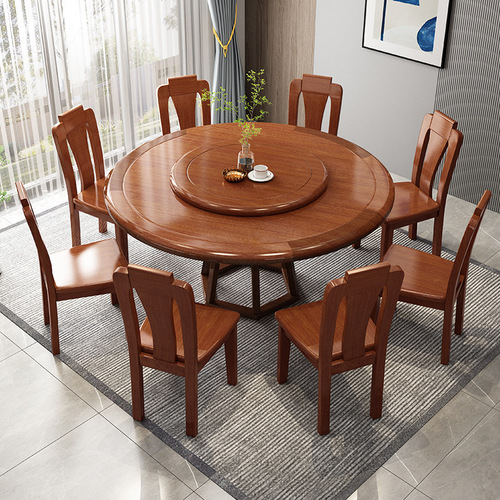 Walnut solid wood dining table and chair combination Chinese style household small apartment round table dining table for 6 people and 8 people revolving restaurant furniture