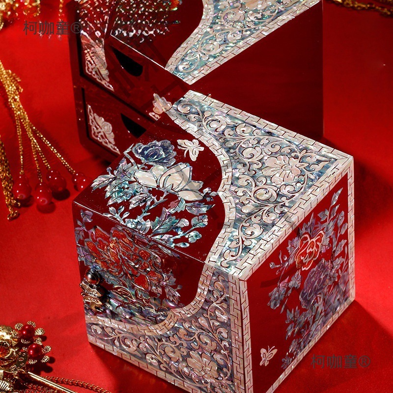 镶螺细首饰盒收纳盒贝壳实木螺钿漆器中式陪嫁礼物项木质麦太保