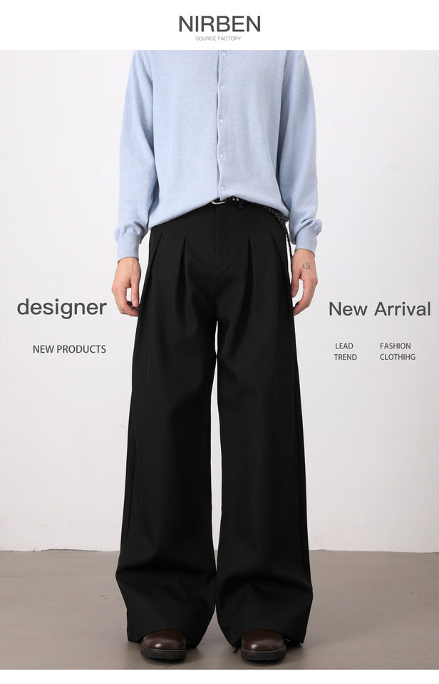 Quần tây nam casual dáng rộng ống suông xếp ly đôi chữ A vải rủ — Màu xám nhạt, màu đen chi tiết 3