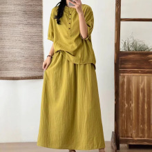 2025年夏季新款五分袖衬衫女士半身裙双层棉纱套装大码纯色休闲