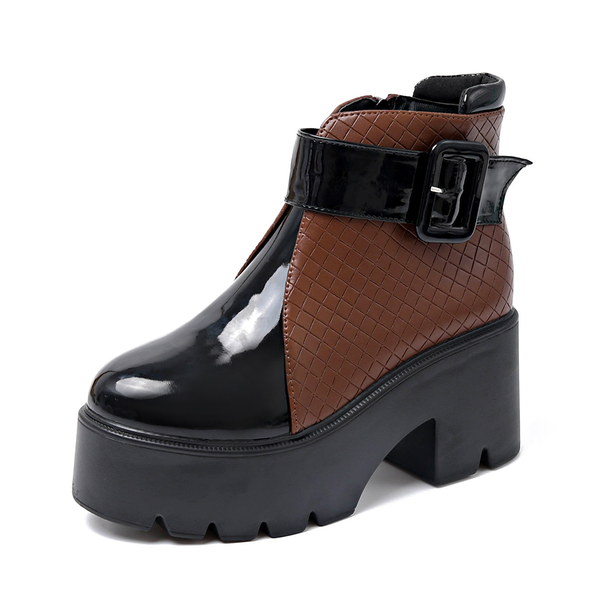 Dames enkellaarsjes met hoge hakken in Britse stijl, gesp en ritssluiting aan de zijkant, retro mode, plus size, herfst_voghion.com