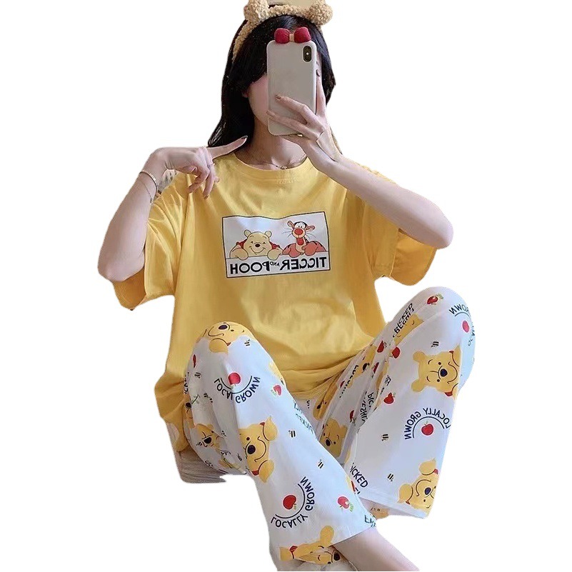 Pijamas verano de las mujeres de manga corta delgada de dibujos animados dulces lindos pantalones casuales de dibujos animados desgaste del hogar traje de primavera y otoño