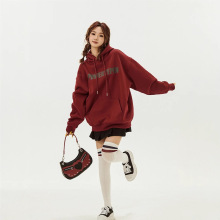 2025新年红色上衣外套美式字母印花宽松慵懒风情侣装韩版连帽卫衣