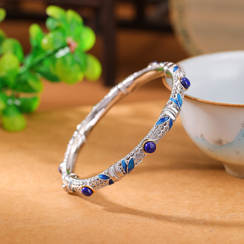 Vòng tay bạc S925 mạ vàng hạt Lapis lazuli phong cách cổ điển họa tiết tre lá rỗng — Các mặt có thể được mở (khoảng 21.5 gram)