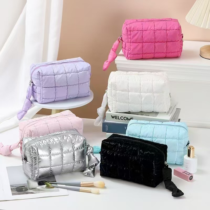 Simple Ins Style Down Cosmetic Bag Women's Small Portable Travel Portable Large Capacity High-end Wash Storage Bag