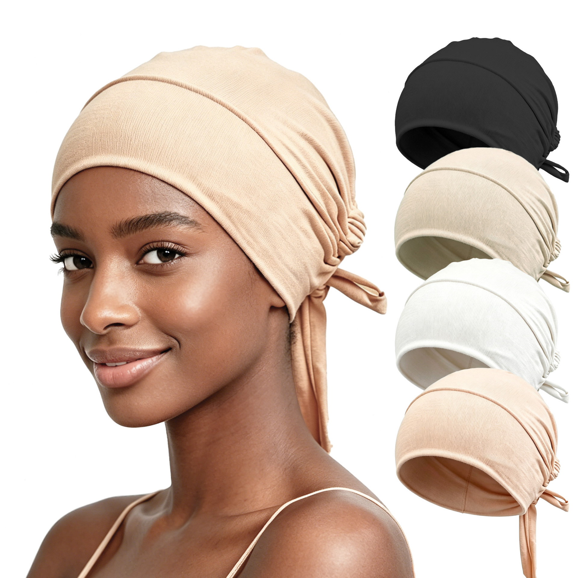 New Elastic Rope Headscarf Hat with Cross-Border Straps, Solid Color Hair Protection Cap for Women, Gauze Headscarf, Head Wrap Hat