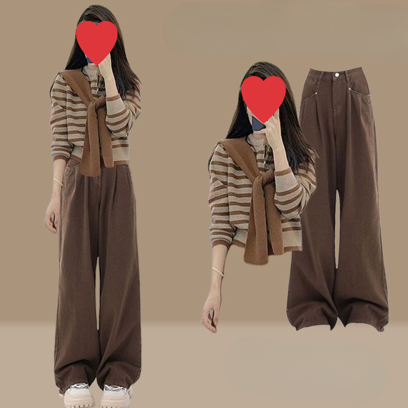 秋季套装女2025新款时尚复古洋气减龄披肩条纹针织衫阔腿裤三件套|undefined