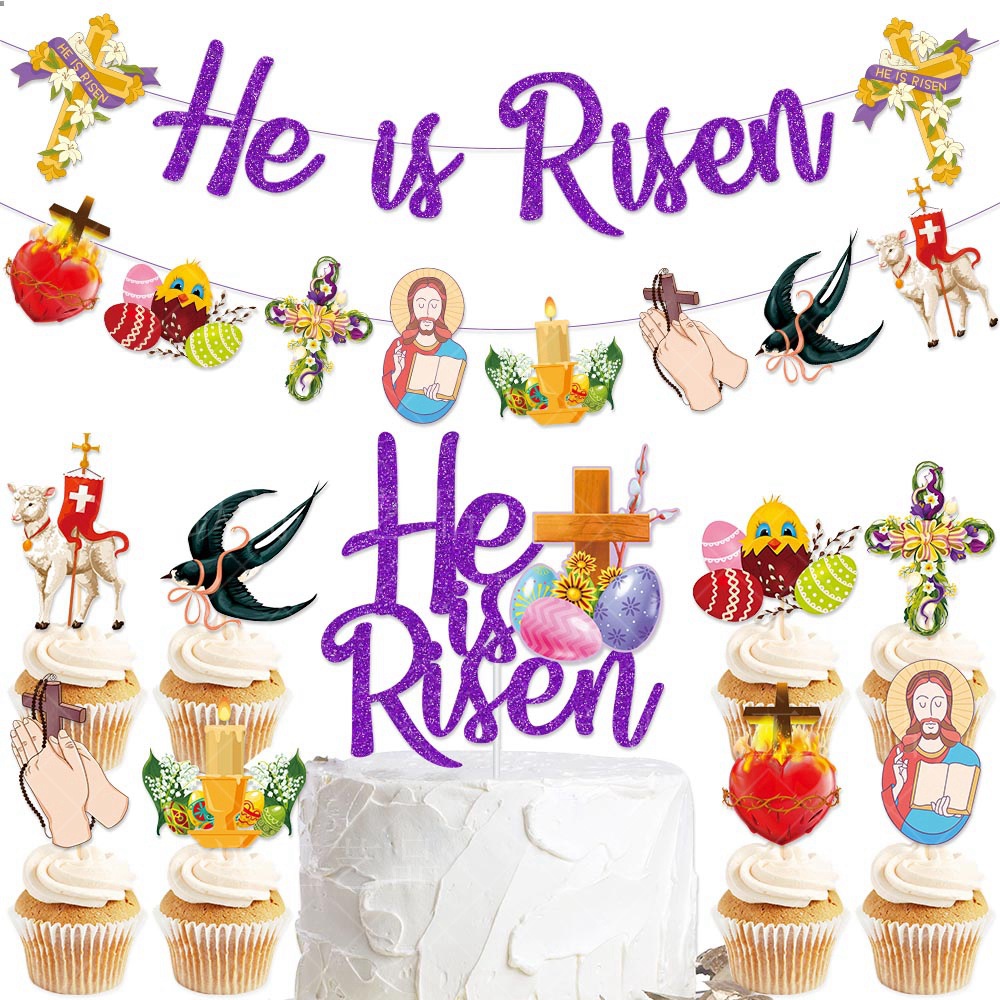 Amazon nueva decoración de Pascua Garland traje Él es resucitado Pascua bandera pastel tarjeta inserción
