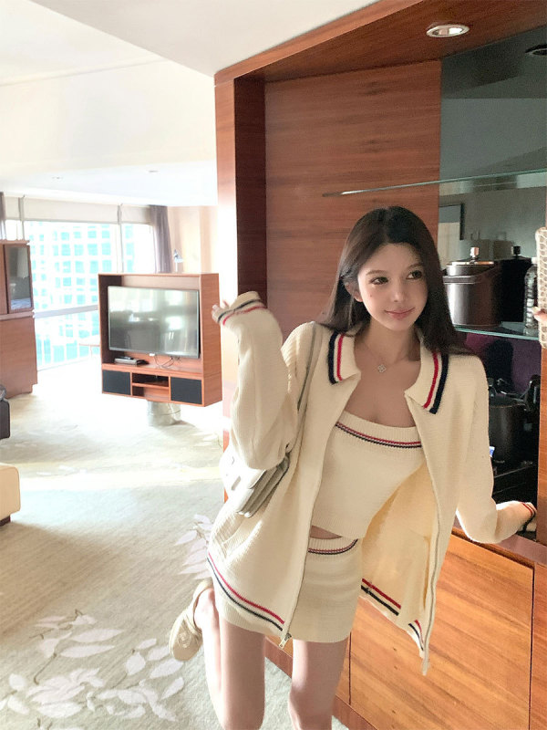 titi小姐姐【mIu girl】法式复古学院风针织开衫内搭吊带半裙套装|undefined
