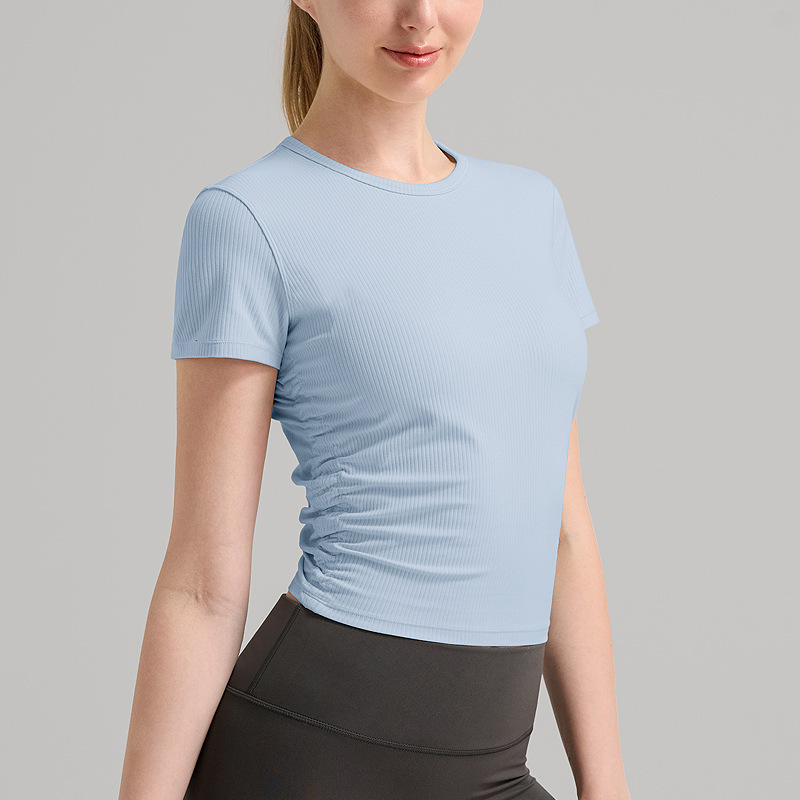 Top de yoga de mujer costilla serie de fitness mangas cortas transpirables camiseta deportiva de secado rápido Lulu chaleco de cuello redondo elástico