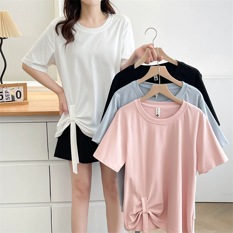 Женская хлопчатобумажная футболка большого размера T с короткими рукавами с неправильным подолом ниша 2025 летняя толстая девушка тонкая универсальна 2525
