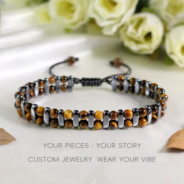 Fashionable Braided Rope Double-Row Natural Tiger Eye Stone Black Gallstone Bracelet European and American Cross-Border Men's and Women's Handmade Beaded Bracelet