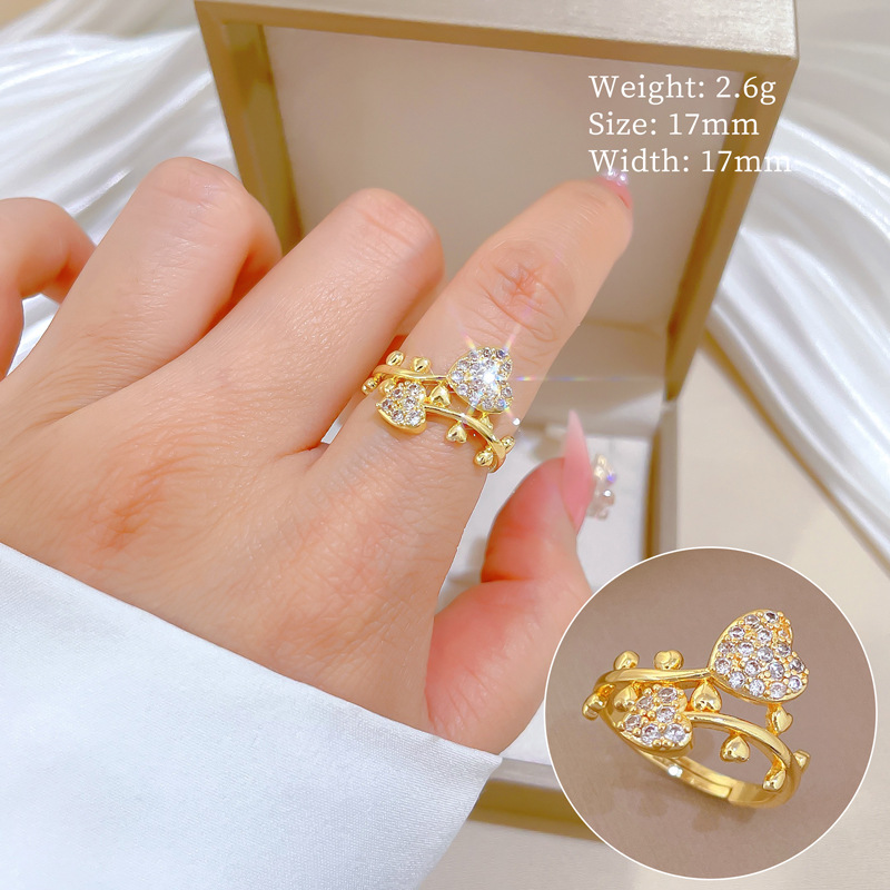 [Real Gold] Full Diamond Heart Zirconia Personalized Adjustable Light Luxury Jewelry Japanese Style Couple Rings_voghion.com
