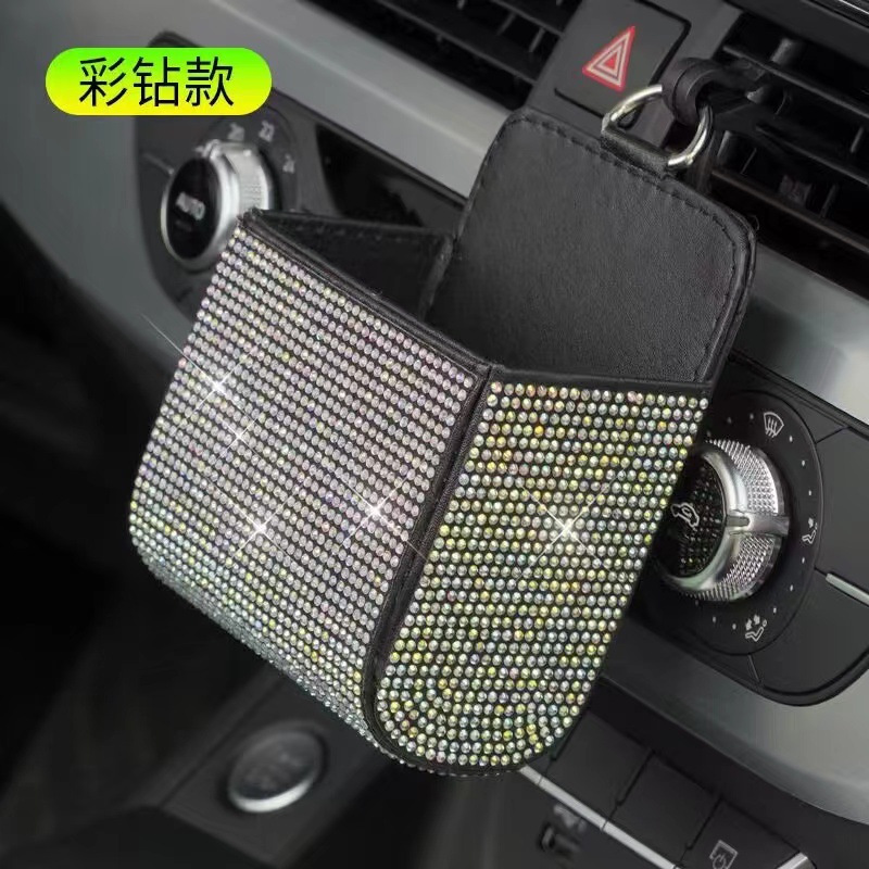 Bolsa de almacenamiento de salida de aire del coche Caja de almacenamiento multifuncional de cuero de coche con diamante Caja de almacenamiento de piel de oveja de salida de aire Bolsa