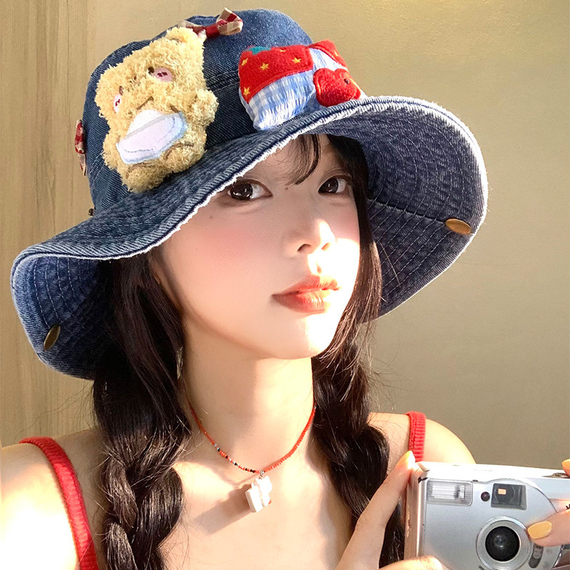 可爱小熊蝴蝶结牛仔渔夫帽女夏季大帽檐显脸小盆帽遮阳防晒帽子潮|undefined
