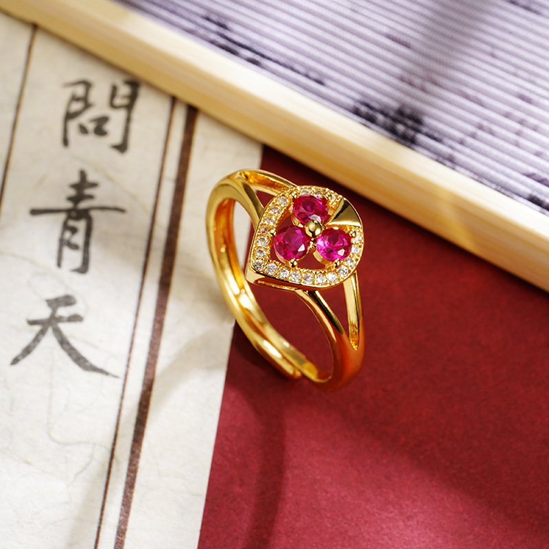 Anillo de oro de arena vietnamita retro lujoso ligero con diamantes púrpura de polvo abierto amor anillo de tendencia femenina no se desvanecerá joyas de mano