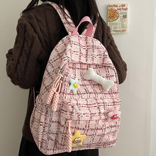 日系ins风文艺小清新格子书包 高中学生校园双肩包女灯芯绒背包女
