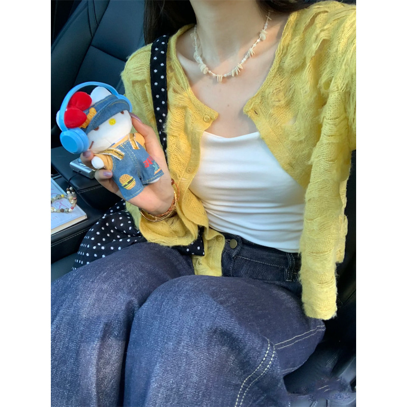 Korean Style Atmospheric Yellow Hollow Knitted Cardigan for Women 2025 New Autum Style Small Soft Waxy Outer Top