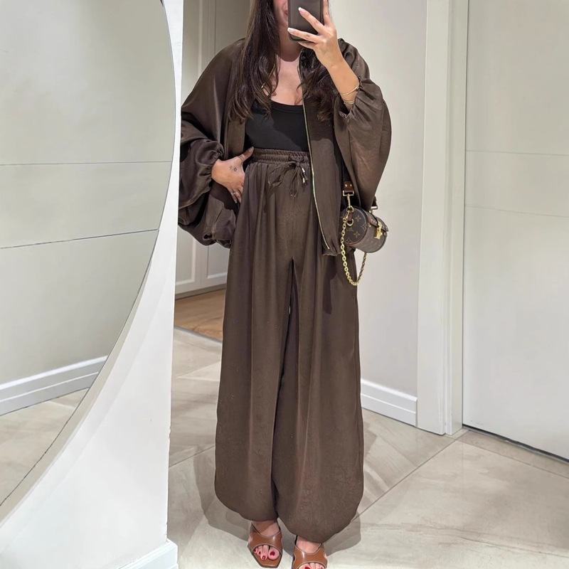 2025 European and American Fashion Amazon Independent Site Brown Retro Jacket Loose Cardigan Paired with Wide-Leg Pants Long Pants 2025 European and American Fashion Amazon Independent Site Brown Retro Jacket Loose Cardigan Paired with Wide-Leg Pants Long Pants