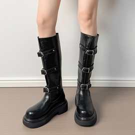2025新款皮带扣增高厚底机车短靴女秋冬季新款中高筒长靴骑士靴子
