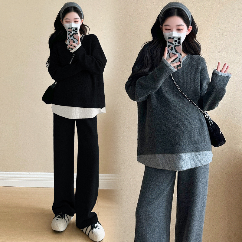 现货秋冬毛衣裤孕妇套装韩版简约懒人必备针织上衣+孕妇阔腿裤|undefined