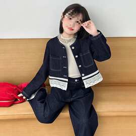 女童牛仔套装2025新款中大童时髦春秋蕾丝拼接洋气儿童两件套外套