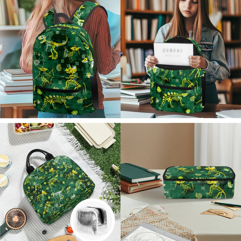 Pod Printed Youth School Bag Combination Set Ancient Dinosaur Fossil Element Polyester Material Heat Transfer Bag