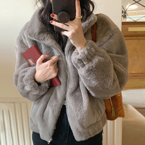 Fluffy women's autumn anti-aging zipper half-neck simple style winter coat with thermal long sleeve hoodie women