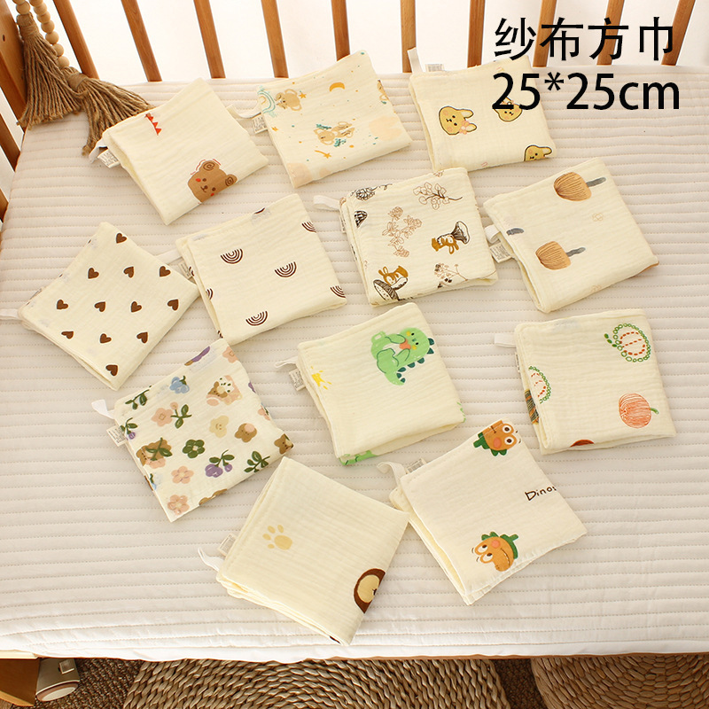 High-density cotton four-layer gauze square towel 25*25 cartoon printing absorbent soft baby garden children's towel saliva