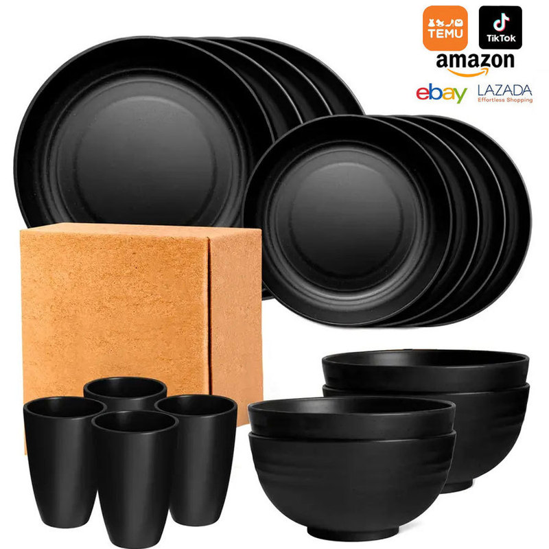 Cross-Border Wheat Straw Tableware 32-Piece Set Water Cup Plate Bowl Tableware Set Plastic Dishes Plate 16-Piece Set Wholesale